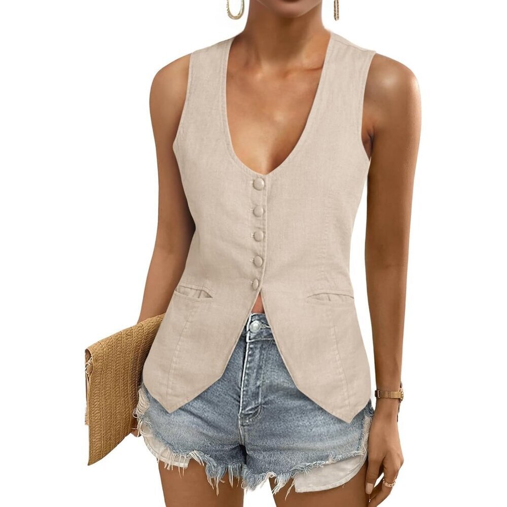 Womens Linen Blazer Vest Sleeveless Fitted Summer Work Casual Cotton